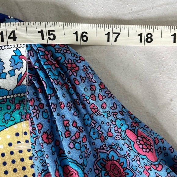 R. Vivimos Boho Festival Midi Blue/Yellow Peacock Print Dress Womens Sz L EUC - Picture 12 of 15
